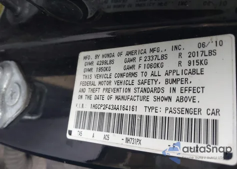 2010 Honda Accord 2.4 Lx-P z USA, uszkodzony, nr VIN 1HGCP2F43AA164161